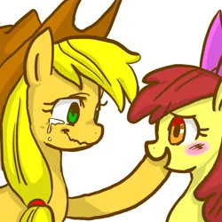 Size: 2160x2160 | Tagged: apple bloom, applejack, artist:tory, blushing, crying, derpibooru import, pixiv, safe