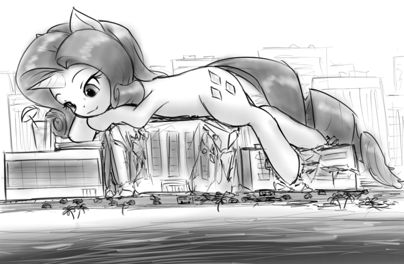 Size: 1010x660 | Tagged: safe, artist:alloyrabbit, derpibooru import, rarity, pony, city, giant pony, giantess, macro, monochrome, tanning