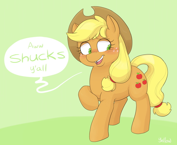 Size: 975x800 | Tagged: safe, artist:yellowbooze, derpibooru import, applejack, earth pony, pony, blushing, cute, dialogue, female, gap teeth, green background, jackabetes, mare, raised hoof, simple background, solo, speech bubble, y'all