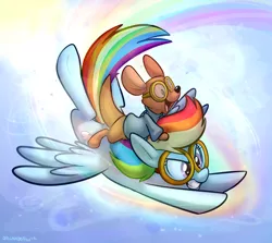 Size: 1490x1329 | Tagged: safe, artist:thedoggygal, derpibooru import, rainbow dash, kangaroo, crossover, disney, flying, goggles, roo, winnie the pooh