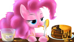 Size: 2560x1440 | Tagged: safe, artist:awalex, derpibooru import, pinkie pie, honey, licking, pancakes, solo, spoon, tongue out