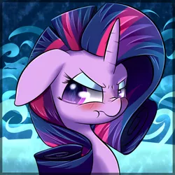 Size: 1250x1250 | Tagged: safe, artist:madacon, derpibooru import, twilight sparkle, pony, alternate hairstyle, blushing, bust, cutie mark, eye reflection, implied rarity, makeup, rarity hair, reflection, scrunchy face, solo, twilight is not amused, unamused