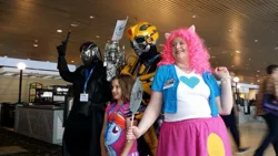 Size: 1280x720 | Tagged: safe, derpibooru import, pinkie pie, human, bronycon, equestria girls, bumblebee, cobra commander, cosplay, g.i. joe, hasbro, hubble, irl, irl human, photo, the hub, transformers