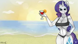 Size: 1920x1080 | Tagged: anthro, artist:malamol, beach, big breasts, bikini, breasts, busty rarity, clothes, cocktail, derpibooru import, female, rarity, solo, suggestive, swimsuit