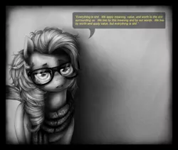 Size: 1280x1080 | Tagged: safe, artist:ventious, derpibooru import, pinkie pie, earth pony, pony, alternate hairstyle, clothes, glasses, grayscale, hipster, interior semiotics, monochrome, partial color, quote, scarf, solo, speech bubble, vulgar