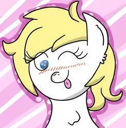 Size: 489x500 | Tagged: safe, artist:anonymous, derpibooru import, oc, oc:aryanne, unofficial characters only, blonde, blushing, bust, chest fluff, ear fluff, face, female, portrait, solo, tongue out
