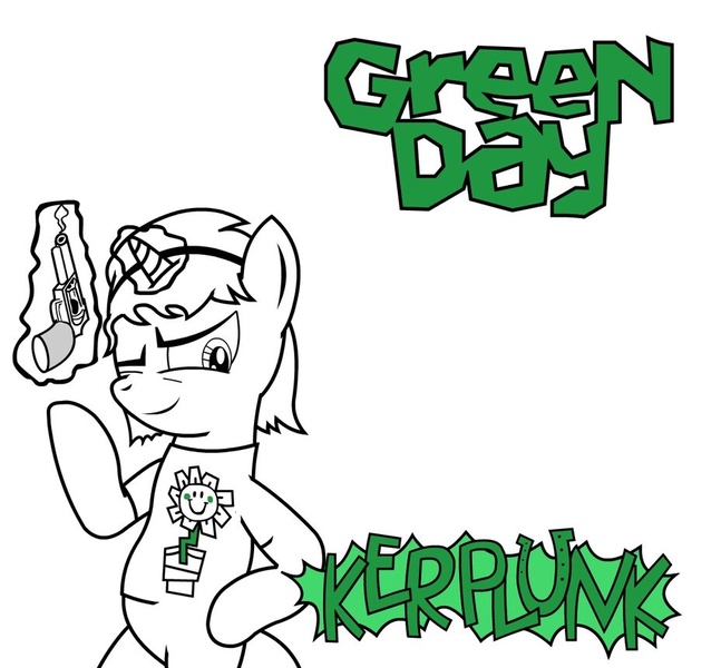 Size: 928x860 | Tagged: album, album cover, artist:koscielny, clothes, derpibooru import, green day, gun, kerplunk, parody, ponified album cover, safe, solo