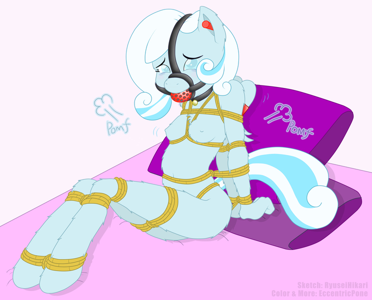 Size: 4000x3224 | Tagged: alternate version, anthro, anthro oc, artist:greaterlimit, artist:ryuseihikari, ballgag, bed, blind, bondage, bound wings, breast bondage, breasts, collar, crying, delicious flat chest, derpibooru import, drool, ear fluff, ear plugs, female, fluffy, foalcon, gag, nipples, nudity, oc, oc:snowdrop, pillow, pomf, questionable, rope, sensory deprivation, shibari, solo, solo female, tape, unofficial characters only, we are going to hell, wiffle ballgag