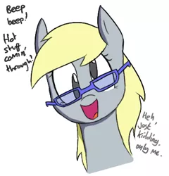 Size: 422x439 | Tagged: safe, artist:shoutingisfun, derpibooru import, derpy hooves, pegasus, pony, colored, cute, derpabetes, dialogue, female, glasses, happy, it was me, looking at you, mare, open mouth, self deprecation, simple background, solo, talking to viewer, white background