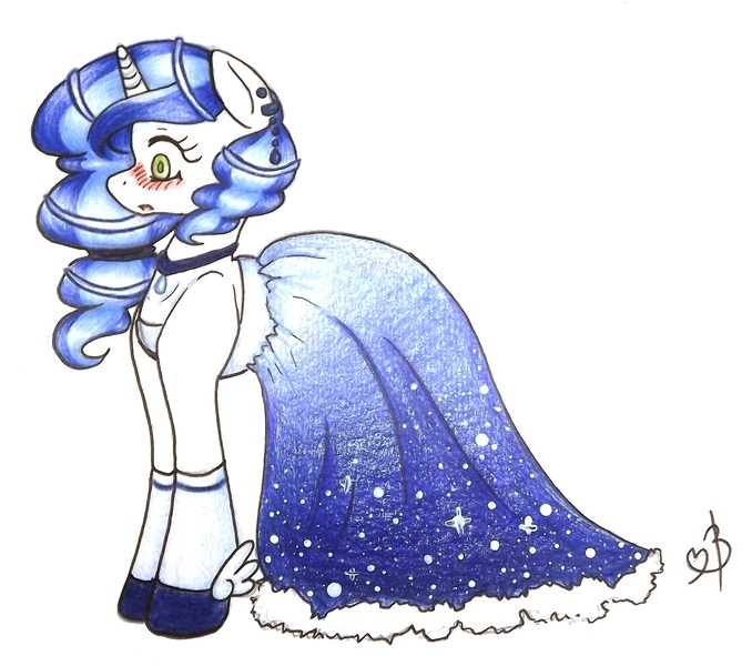 Size: 2505x2217 | Tagged: safe, artist:felly-pepper, derpibooru import, oc, oc:vanilla, unofficial characters only, pony, unicorn, blushing, clothes, dress, solo