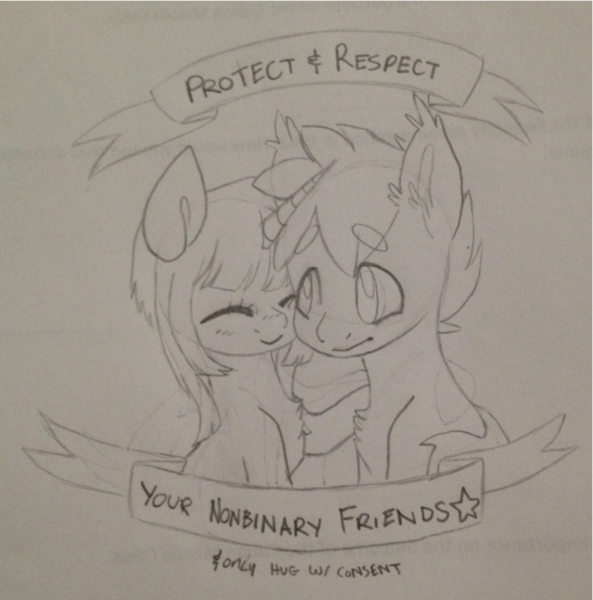 Size: 871x882 | Tagged: safe, artist:timid-arts, derpibooru import, oc, unofficial characters only, earth pony, pony, unicorn, ear fluff, monochrome, sketch, social justice, traditional art