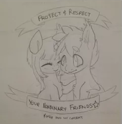 Size: 871x882 | Tagged: safe, artist:timid-arts, derpibooru import, oc, unofficial characters only, earth pony, pony, unicorn, ear fluff, monochrome, sketch, social justice, traditional art