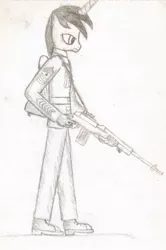 Size: 1024x1538 | Tagged: alicorn, alicorn oc, anthro, anthro oc, artist:20thx5150, clothes, derpibooru import, gun, m14, monochrome, oc, pencil drawing, rifle, safe, sergeant, sergeant major, soldier, traditional art, uniform, unofficial characters only, weapon