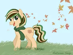 Size: 640x480 | Tagged: safe, artist:cayleewashere, artist:cottongrass, derpibooru import, oc, oc:autumn snap, unofficial characters only, clothes, leaves, scarf, solo
