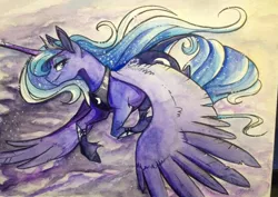 Size: 600x424 | Tagged: artist:probablyfakeblonde, bedroom eyes, classical unicorn, dead source, derpibooru import, flying, gouache, leonine tail, looking at you, princess luna, safe, smiling, solo, spread wings, traditional art, unshorn fetlocks