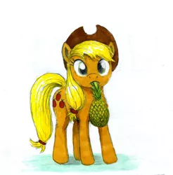Size: 500x508 | Tagged: applejack, artist:el-yeguero, looking at you, mouth hold, pineapple, pineapplejack, safe, solo, traditional art
