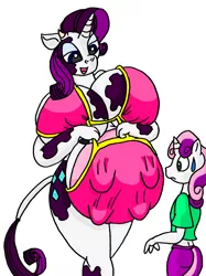 Size: 1046x1398 | Tagged: suggestive, artist:large-rarge, derpibooru import, rarity, sweetie belle, anthro, cow, unicorn, big breasts, bra, breasts, busty rarity, clothes, cowified, crotchbra, female, huge breasts, impossibly large breasts, impossibly large udder, raricow, species swap, sweat, sweatdrop, udder, underwear