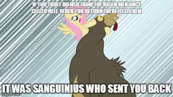 Size: 490x275 | Tagged: safe, derpibooru import, edit, edited screencap, screencap, fluttershy, bear, pegasus, pony, lesson zero, female, flutterrage, mare, meme, neck snap, quote, sanguinius, warhammer (game), warhammer 30k, warhammer 40k