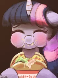 Size: 720x960 | Tagged: safe, artist:lumineko, derpibooru import, twilight sparkle, twilight sparkle (alicorn), alicorn, pony, :i, blushing, burger, cute, eyes closed, female, food, hamburger, happy, hoof hold, in n out, mare, messy eating, ponies eating meat, puffy cheeks, smiling, solo, that pony sure does love burgers, twiabetes, twilight burgkle