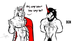 Size: 1280x720 | Tagged: anthro, artist:bgn, cape, chest hair, clothes, collar, cross-oufitting, crown, derpibooru import, king hunkbra, king sombra, male, males only, nudity, oc, oc:nado, pubic hair, stupid sexy sombra, suggestive