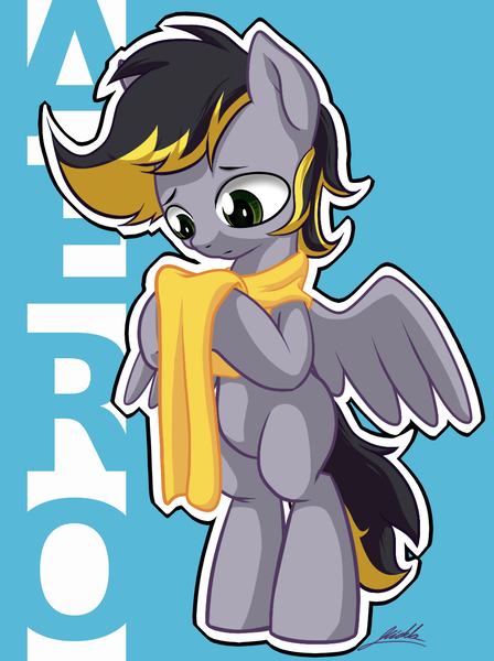 Size: 976x1306 | Tagged: safe, artist:m1chl4, derpibooru import, oc, oc:aero, unofficial characters only, pegasus, pony, bipedal, blank flank, clothes, colt, male, offspring, parent:derpy hooves, parent:oc:warden, parents:canon x oc, parents:warderp, scarf, solo