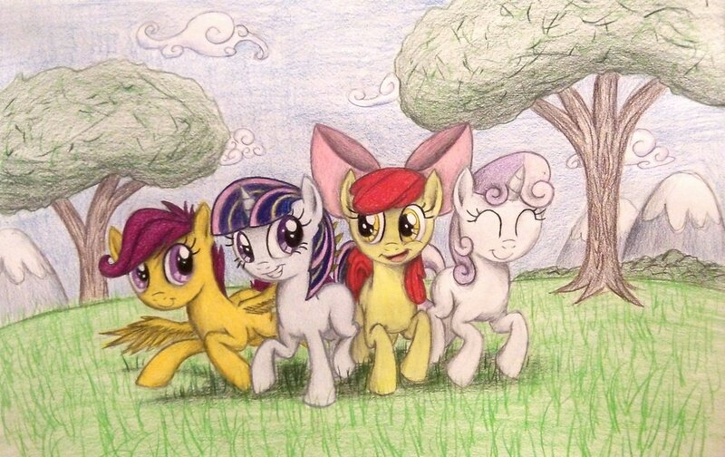 Size: 1126x710 | Tagged: safe, artist:thefriendlyelephant, derpibooru import, apple bloom, scootaloo, sweetie belle, oc, oc:starlight sparkle, pony, unicorn, cloud, cloudy, cutie mark crusaders, female, filly, gliding, grass, happy, offspring, parent:night light, parent:twilight velvet, parents:nightvelvet, running, smiling, traditional art, tree