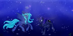 Size: 3000x1500 | Tagged: safe, artist:starfox365, derpibooru import, princess luna, oc, oc:lenitae, alicorn, pony, blue background, blue eyes, blue mane, blue tail, bubble, crepuscular rays, cute, digital art, duo, duo female, ethereal mane, ethereal tail, eye clipping through hair, feather, female, flowing mane, flowing tail, galaxy, holding breath, horn, image, long horn, mane, mare, ocean, png, puffy cheeks, signature, simple background, smiling, space, spread wings, sunlight, swimming, tail, underwater, water, wings