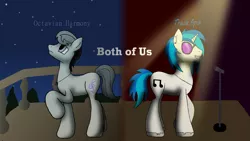 Size: 1909x1080 | Tagged: artist:chatooka, balcony, derpibooru import, microphone, moonlight, music, octavia melody, octavian harmony, rule 63, safe, sky, spotlight, stage, stars, track spin, vinyl scratch