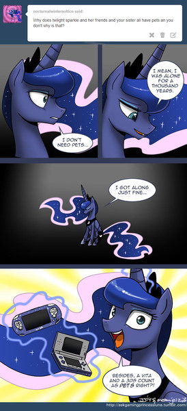 Size: 600x1314 | Tagged: 3ds, artist:johnjoseco, ask, ask gaming princess luna, comic, derpibooru import, gamer luna, lonely, mood whiplash, nintendo ds, playstation vita, princess luna, sad, safe, tumblr