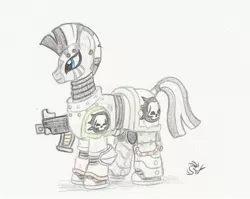 Size: 1796x1431 | Tagged: safe, artist:sensko, banned from derpibooru, deleted from derpibooru, derpibooru import, zecora, zebra, armor, black and white, bolter, crossover, death guard, female, grayscale, gun, image, jpeg, mare, monochrome, pencil drawing, power armor, pre-heresy, solo, space marine, traditional art, warhammer 30k, warhammer 40k, warhammer (game), weapon