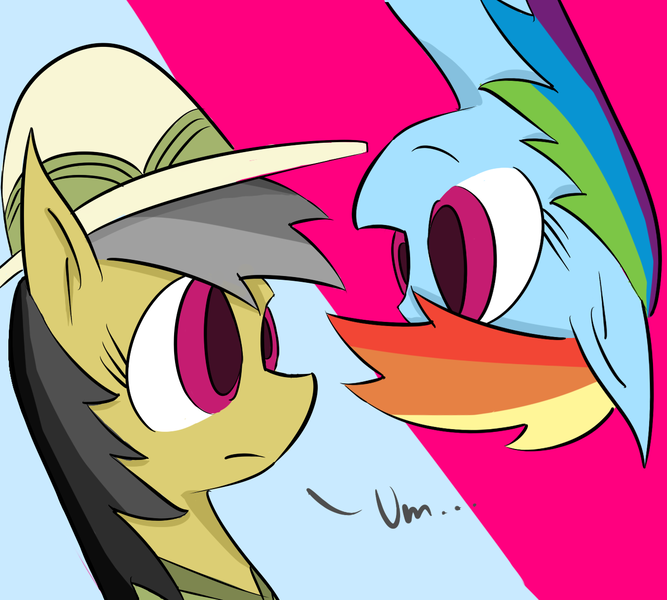Size: 1280x1152 | Tagged: safe, artist:ibacchstudios, derpibooru import, daring do, rainbow dash, pegasus, pony, bust, dialogue, female, looking at each other, mare, smiling, upside down