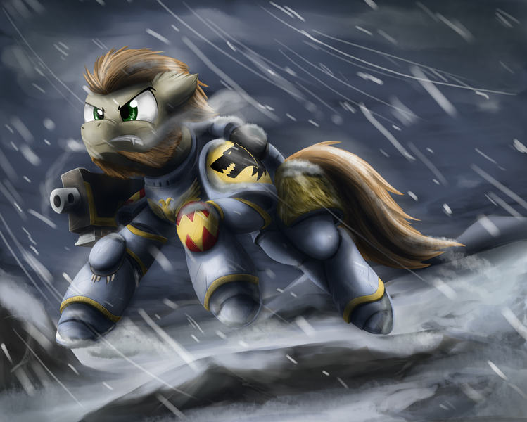Size: 4073x3261 | Tagged: absurd resolution, armor, artist:otakuap, beard, bolter, derpibooru import, ear fluff, fangs, floppy ears, oc, ponified, powered exoskeleton, safe, snow, snowfall, solo, space marine, space wolves, unofficial characters only, warhammer 40k, warhammer (game)