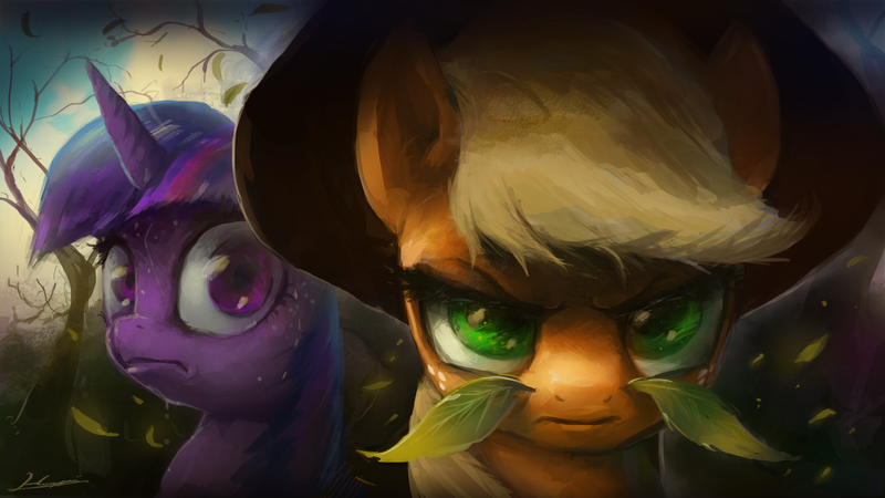 Size: 1920x1080 | Tagged: applejack, artist:huussii, derpibooru import, leaf moustache, leaves, moustache, safe, scene interpretation, secret of my excess, serious face, sweat, twilight sparkle, wallpaper