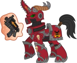 Size: 989x808 | Tagged: safe, artist:connorissteel, derpibooru import, ponified, pony, armor, bolter, chainsword, chainsword horn, chaos, chaos space marine, gun, heresy, horns, magic, magic aura, power armor, powered exoskeleton, simple background, solo, space marine, tail wrap, telekinesis, transparent background, warhammer (game), warhammer 40k, weapon, word bearers