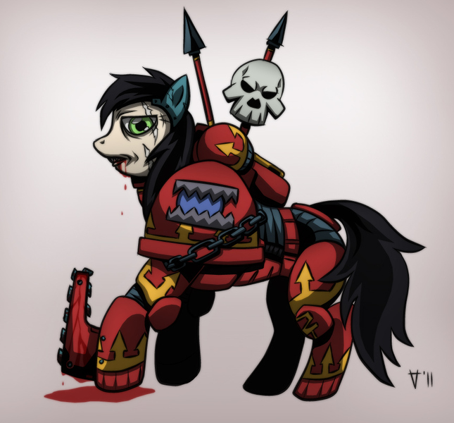 Size: 868x808 | Tagged: semi-grimdark, artist:kain-moerder, derpibooru import, ponified, pony, armor, blood, blood for the blood god, chainaxe, chaos, chaos space marine, heresy, khorne, khorne berzerker, looking at you, power armor, powered exoskeleton, skull, solo, warhammer (game), warhammer 40k, world eaters