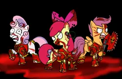 Size: 900x582 | Tagged: grimdark, artist:coalheart, artist:darkhestur, derpibooru import, apple bloom, scootaloo, sweetie belle, apple bloom has teeth now, armor, blood, blood for the blood god, chainaxe, chaos, chaos space marine, crossover, cutie mark crusaders, cutie mark crusading, good heresy, heresy, insanity, khorne, khorne berzerker, level of heresy: balls to the wall incompetence, power armor, powered exoskeleton, rage, space marine, this will end in death, this will end in pain, this will end in tears and/or death and/or covered in tree sap, tree sap and pine needles, warhammer (game), warhammer 40k, world eaters