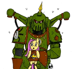 Size: 900x844 | Tagged: armor, artist:dreadlime, chaos space marine, crossover, death guard, derpibooru import, fluttershy, hug, love, nurgle, plague marine, power armor, powered exoskeleton, safe, space marine, this will end in tears, warhammer 40k, warhammer (game)