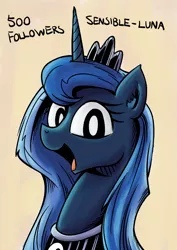 Size: 1280x1811 | Tagged: artist:lovelyneckbeard, derpibooru import, happy, looking at you, open mouth, portrait, princess luna, safe, simple background, smiling, solo