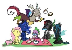 Size: 1340x936 | Tagged: artist:gothtigressa, derpibooru import, discord, fluttershy, food, king sombra, picnic, princess luna, queen chrysalis, safe, sandwich, spike, teacup, tea party