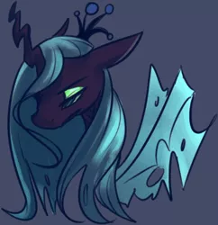 Size: 381x393 | Tagged: artist:marshmellowcannibal, bust, changeling, changeling queen, crown, dead source, derpibooru import, female, horn, jewelry, portrait, queen chrysalis, regalia, safe, simple background, solo, wings