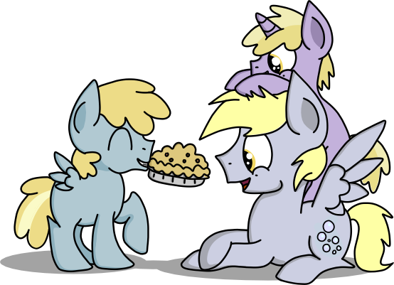 Size: 554x401 | Tagged: safe, artist:graciegirl328, derpibooru import, chirpy hooves, derpy hooves, dinky hooves, pegasus, unicorn, colt, dopey hooves, equestria's best daughter, equestria's best son, family, father, male, mouth hold, muffin, pie, rule 63, son, stallion, twerpy hooves