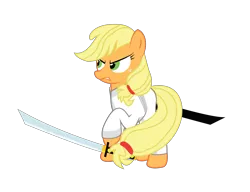 Size: 4478x3432 | Tagged: applejack, artist:cxfantasy, crossover, derpibooru import, frown, hatless, katana, missing accessory, prehensile tail, raised hoof, safe, samurai, samurai applejack, samurai jack, simple background, solo, sword, tail hold, transparent background, vector, weapon