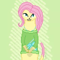 Size: 500x500 | Tagged: artist:thejakevale, betelgeusean, cat, clothes, crossover, derpibooru import, fluttershy, pixel art, safe, solo, space dandy, species swap