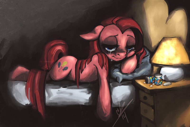 Size: 1024x684 | Tagged: artist:heavy-weight, bed, crying, depressed, floppy ears, lying, pills, pinkamena diane pie, pinkie pie, prone, sad, semi-grimdark, solo, suicide