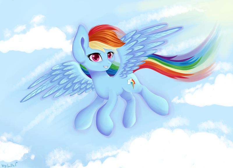 Size: 2500x1800 | Tagged: artist:lightdelpony, cloud, cloudy, derpibooru import, flying, rainbow dash, safe, smiling, solo, spread wings