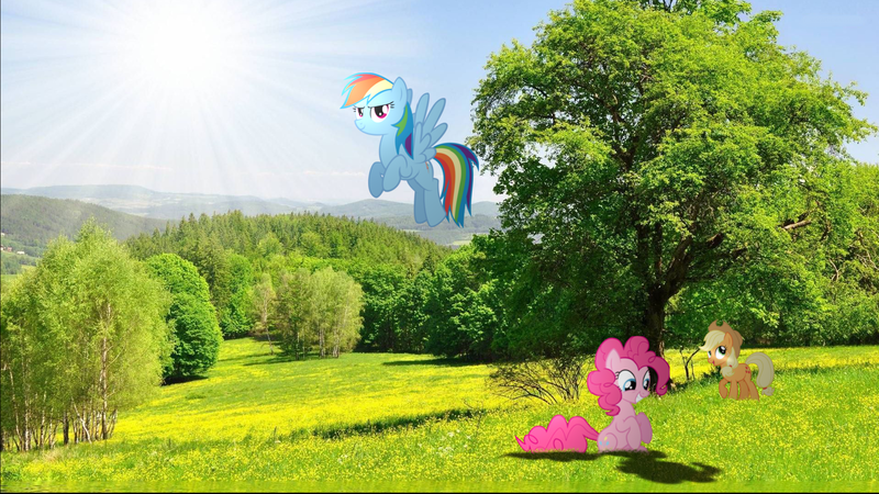 Size: 1920x1080 | Tagged: safe, derpibooru import, applejack, pinkie pie, rainbow dash, earth pony, pegasus, pony, flying, irl, photo, ponies in real life, scenery, smiling, standing, tree, wallpaper