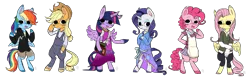 Size: 2415x767 | Tagged: safe, artist:maneribbons, derpibooru import, applejack, fluttershy, pinkie pie, rainbow dash, rarity, twilight sparkle, twilight sparkle (alicorn), pony, semi-anthro, apron, bipedal, clothes, dress, hat, mane six, overalls, pants, shorts, skirt