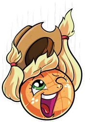 Size: 800x1073 | Tagged: applejack, artist:s-a1amandra, ashleigh ball, ball, basketball, cowboy hat, dead source, derpibooru import, falling, happy, hat, inanimate tf, looking up, motion lines, objectification, object pony, one eye closed, open mouth, original species, ponified, pun, safe, simple background, smiling, solo, transformation, transparent background, voice actor joke, wat, wink
