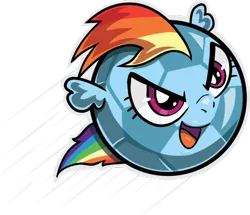Size: 600x517 | Tagged: artist:s-a1amandra, ashleigh ball, dead source, derpibooru import, flying, football, inanimate tf, object pony, original species, ponified, pun, rainball, rainbow dash, safe, solo, transformation, voice actor joke