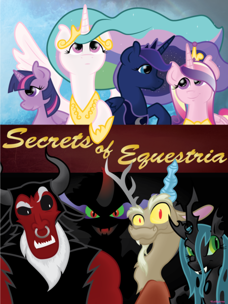 Size: 5400x7200 | Tagged: safe, artist:pinksaphires, derpibooru import, discord, king sombra, lord tirek, princess cadance, princess celestia, princess luna, queen chrysalis, twilight sparkle, twilight sparkle (alicorn), alicorn, pony, absurd resolution, alicorn tetrarchy, female, mare